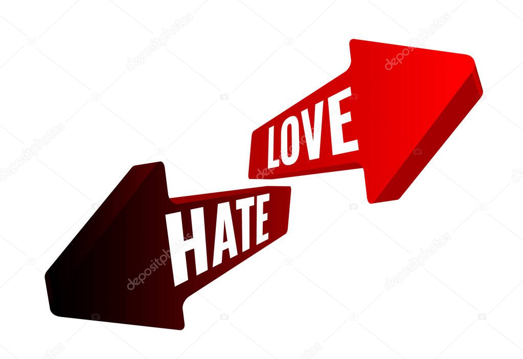 Simple colorful vector shapes flat design opposite direction arrows with Hate and Love white color text titles