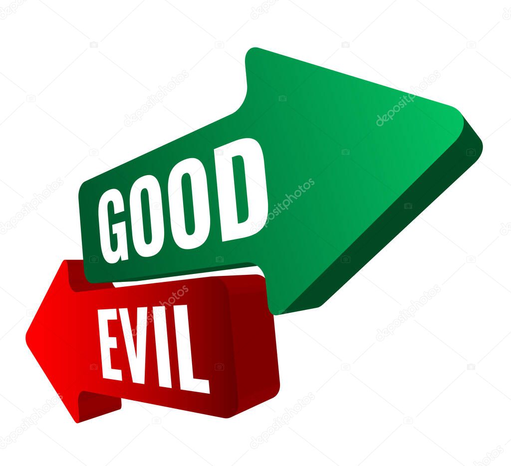 Simple gradient color vector shapes flat design opposite direction arrows with Evil and Good white color text titles