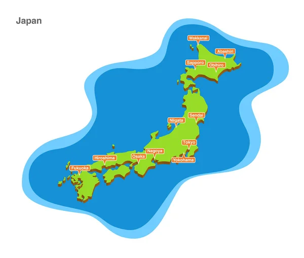 3d vector illustration graphic green color geographical map of Japan with largest cities shown