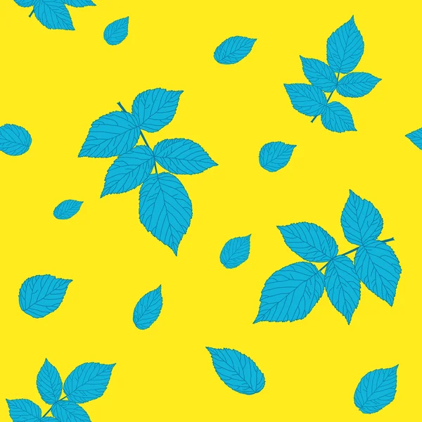 Контрастный желтый и синий бесшовный рисунок с листьями малины — стоковый вектор