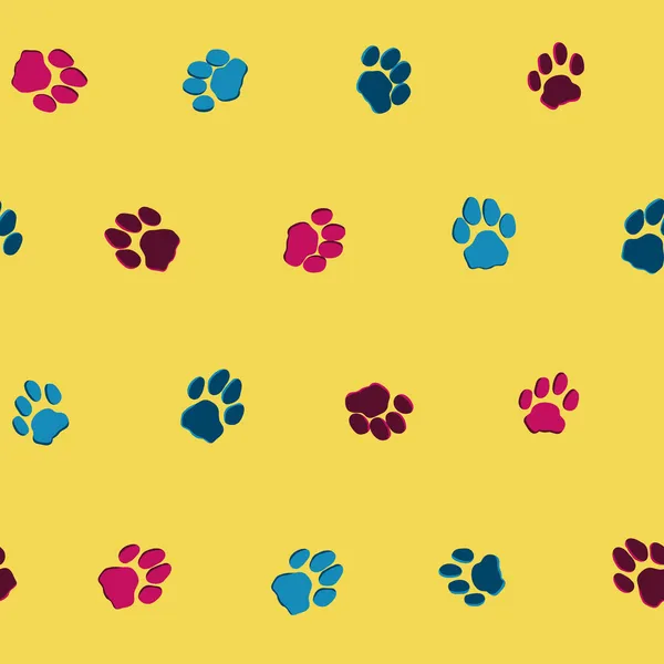 Patrón divertido sin costuras con huellas de gatos sobre un fondo amarillo — Archivo Imágenes Vectoriales