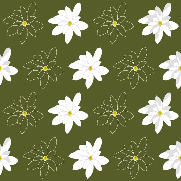 Naadloze patroon met heldere witte magnolia bloemen op een moerassig groene achtergrond — Stockvector