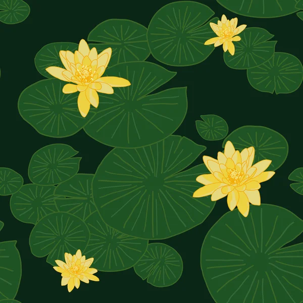 Patrón inconsútil verde oscuro con Lotos Amarillos en el estanque — Vector de stock