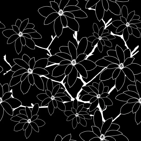 Padrão preto e branco sem costura com Magnolia Branch — Vetor de Stock