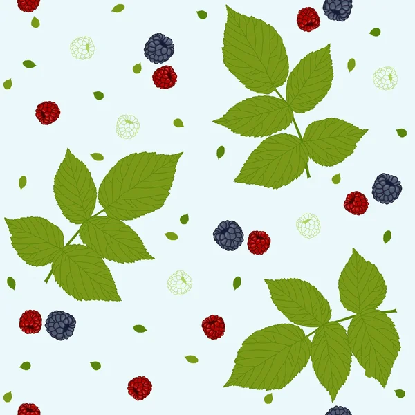 Patrón sin costuras con frambuesas, moras y hojas verdes — Vector de stock