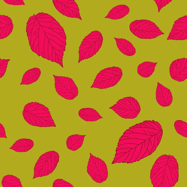 Contraste rose-rouge et jaune foncé motif sans couture avec des feuilles de framboise — Image vectorielle