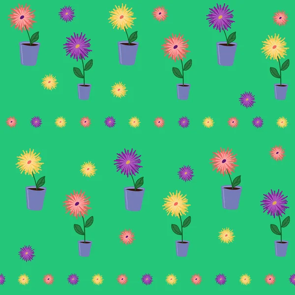 Fond de dessin animé coloré avec des fleurs dans les pots metall — Image vectorielle