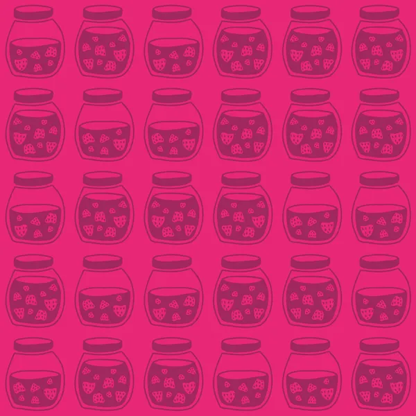 Fond rose rouge sans couture avec les pots de confiture de fraises. Modèle vectoriel sans couture . — Image vectorielle