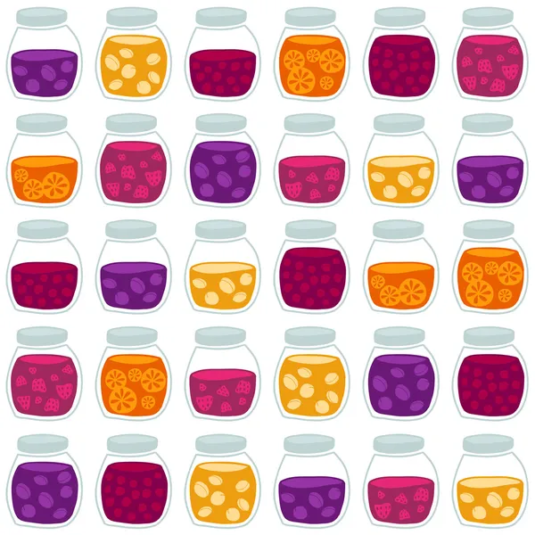 Colorful fruit jam jars. Seamless vector pattern. — Stock Vector