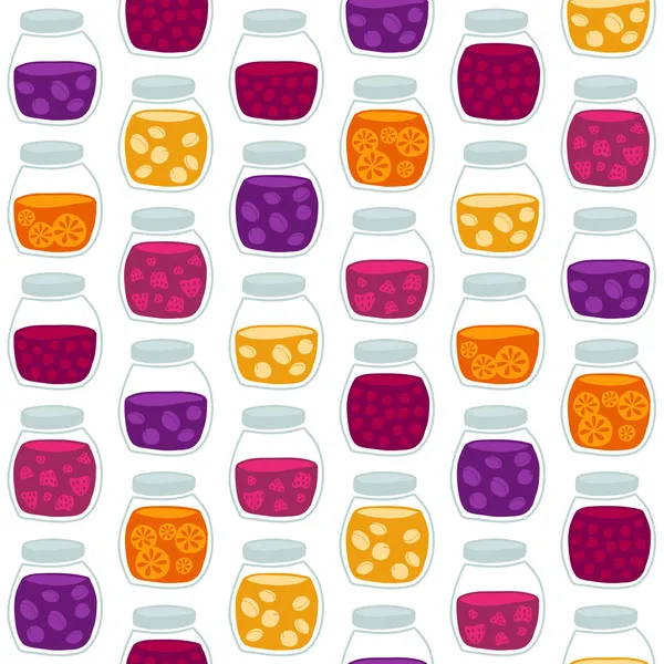 Colorful fruit jam jars. Seamless vector pattern. — Stock Vector