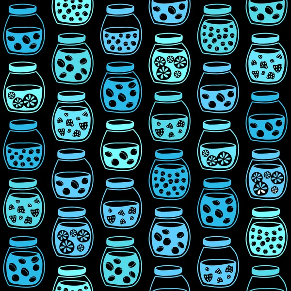 Fruit jam jars on a black background. Seamless vector pattern. — Stock Vector