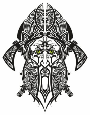 Eski Viking kafası, İskandinav süsleme logosuyla bir daire çiziyor..