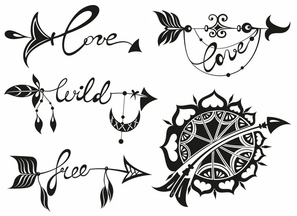 Selvaggio Amore Parola Libera Freccia Boho Bella Citazione Calligrafia Lettering — Vettoriale Stock