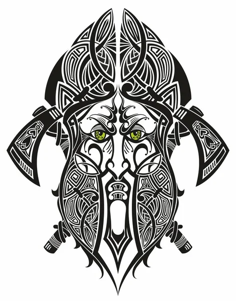 マスコットのデザインのための北欧の装飾ロゴが付いた円の古代のバイキングの頭 — ストックベクタ