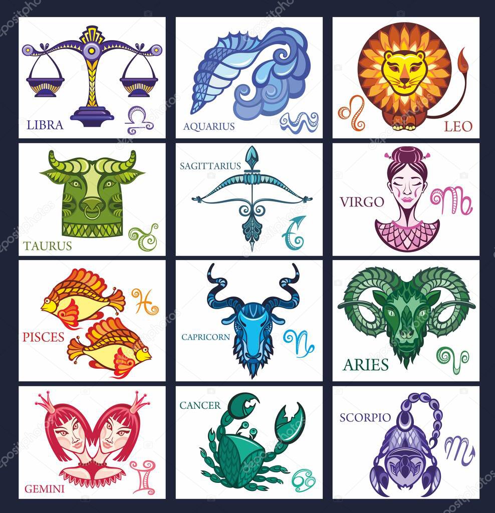 Astrological zodiac signs. Aries, taurus, leo and gemini horoscope, virgo, scorpio, libra, aquarius zodiac, sagittarius, pisces, capricorn, cancer vector symbols. 