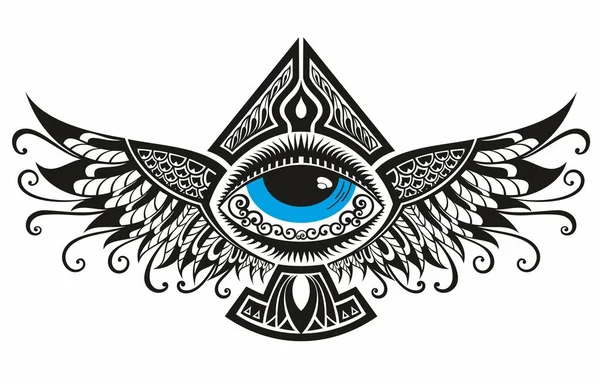 アイロゴデザイン 部族スタイルの要素 翼を持つ抽象的なアイタトゥーエンブレム — ストックベクタ