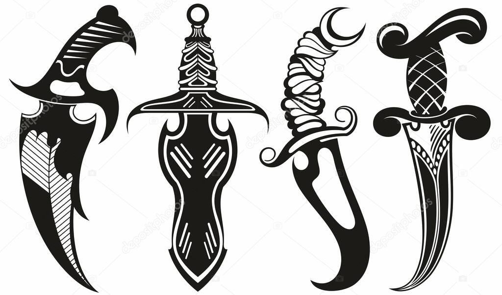 Collection of daggers isolated on white. Vector illustration.