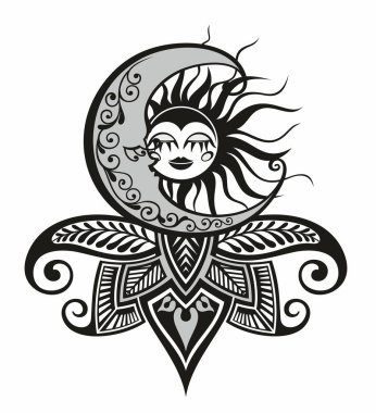 Bo-ho tarzında güneş ve ay. Sembol illüstrasyonu