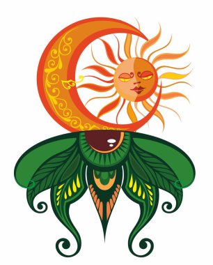 Güneş ve ay. Vektör sembolü astroloji, sihirli gök simyası. Zodyak, tarot, yüz, bulutlar ve beyaz arka planda güneş için göksel çizimler.