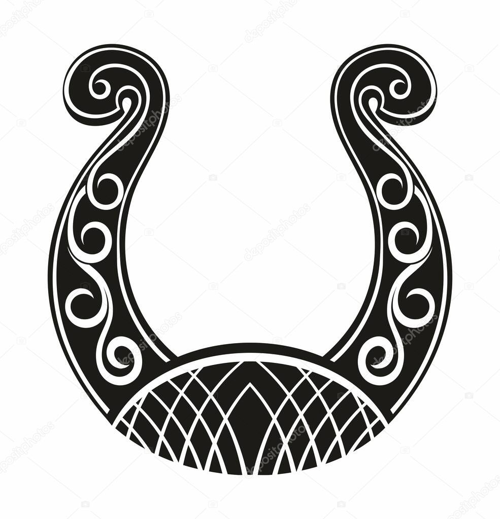 Horseshoe tattoo. Good luck with black horseshoe. Tattoo design, amulet.
