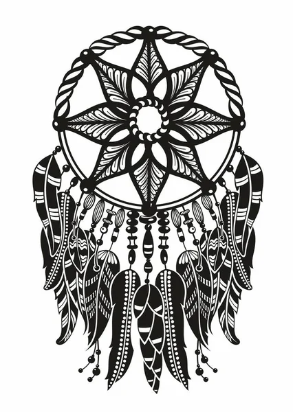 Dream Catcher Threads Beads Feathers Native American Symbol Boho Style — Stock Vector