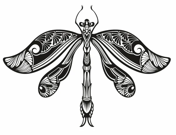 Black Silhouette Dragonfly White Background — Vetor de Stock