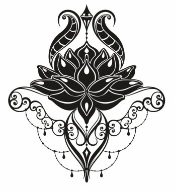 Lotus dövmesi. Mendi, mehendi, kadın nilüfer çiçeği dövmesi. Siyah ve beyaz vektör çizimi. Bir vücuda ya da dövmeye kına çizmek için bir süs.