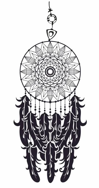 ビーズ 羽を持つ夢のキャッチャー ボホスタイルのネイティブアメリカのシンボル ベクトル族のイラスト 民族インディアンの夢のキャッチャーシルエット — ストックベクタ
