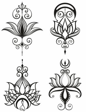 Lotus simgeleri ayarlandı. Çiçek açan. Tek renkli bitkiler, çeşitli siyah ve beyaz taç yaprakları. Çiçek, su bitkisi vektör elementleri 