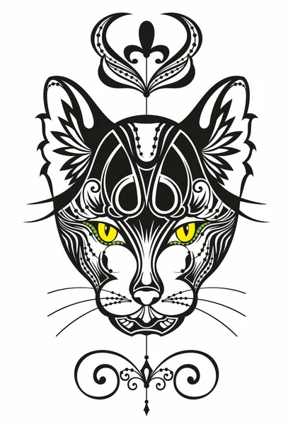 Γάτα Φωτεινά Μάτια Τέλειο Αποκριάτικο Φόντο Τέχνη Τατουάζ Σχέδιο Boho — Διανυσματικό Αρχείο
