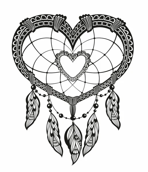 レースハート形の夢のキャッチャーバレンタインデーカード 民族の羽を持つ美しいバレンタインデーの心 — ストックベクタ