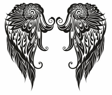 Bir çift kuş kanadı stilize ettim. Meleğim. Dövme siluetleri için vektör çizimi. Kuş kanadı seti ya da kupa, tişört, telefon kılıfı dizaynı. Dövme kanatları tasarımı. Matbaa, poster, tişört, tekstil için ideal.