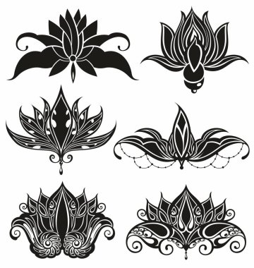 Lotus çiçeği siluetleri. Minimum lotus vektör çizimleri kümesi.