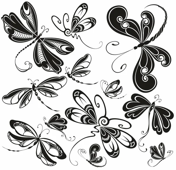 Set Stilisierter Libellen Sammlung Linear Fliegender Libellen Vektor Illustration Auf — Stockvektor