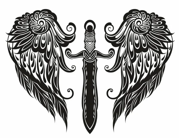 Meč Křídly Originální Ilustrace Starodávného Meče Orlím Ptákem Nebo Andělskými — Stockový vektor