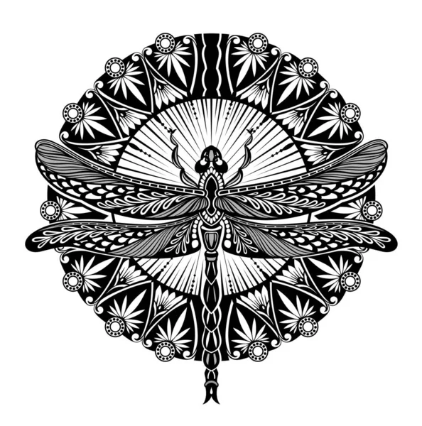 Χειροποίητο Dragonfly Ασπρόμαυρη Εικονογράφησησκίτσο Για Τατουάζ Τέχνη Σχέδιο Shirt Flying — Διανυσματικό Αρχείο