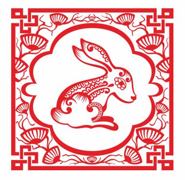 Sevimli tavşan. Çin Yeni Yılı. Geleneksel kağıt kesim hayvanı