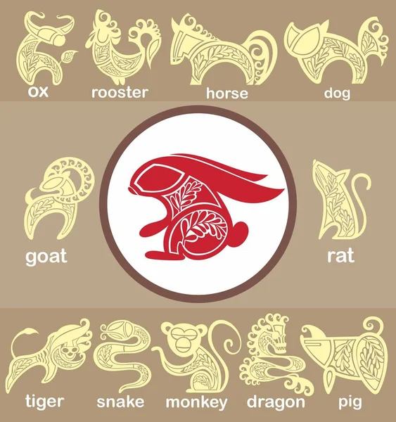 Decorative Chinese Zodiac Signs Set Set Consists Silhouette Animals Painted — Stock Vector