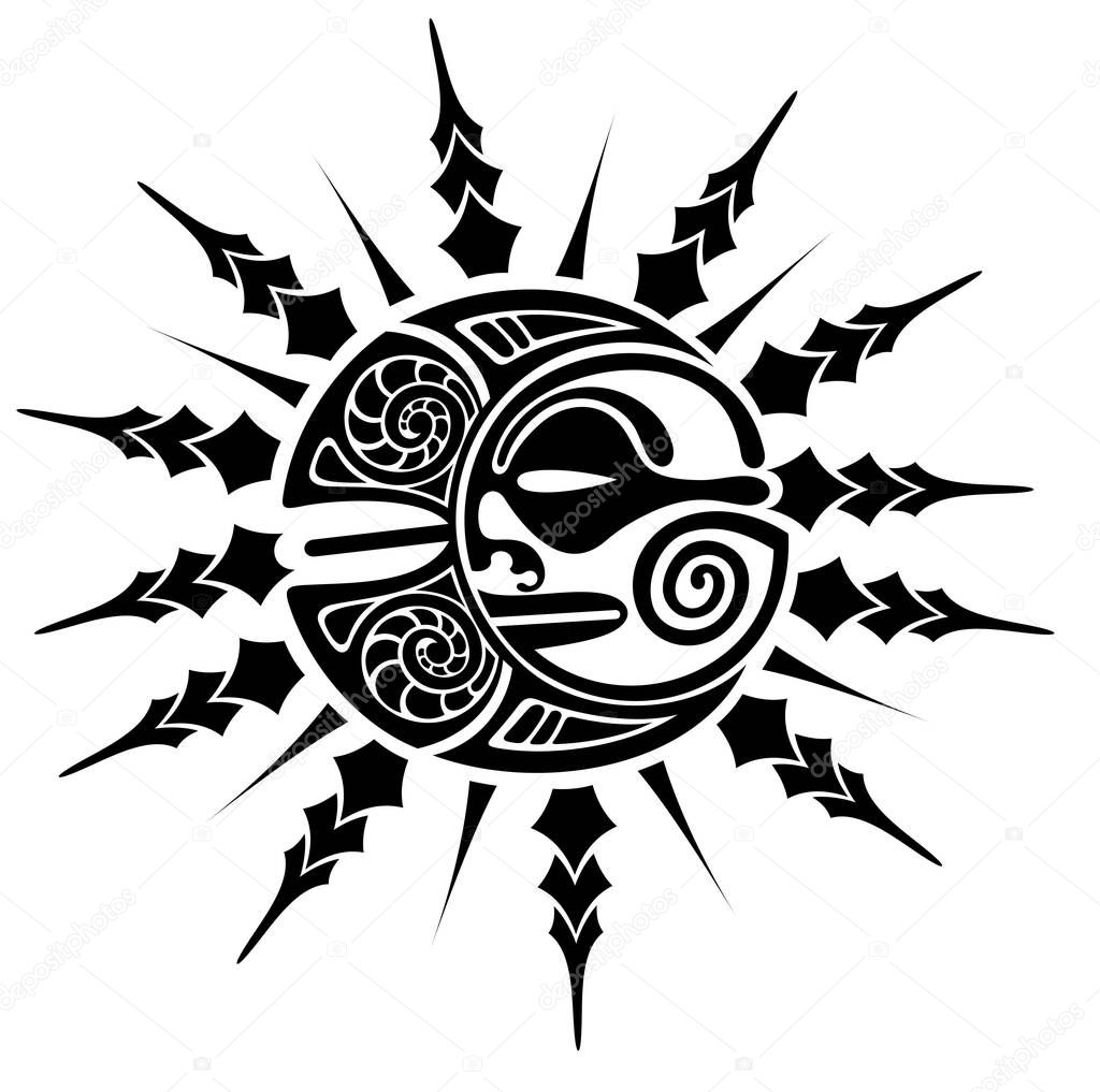 Sun and moon maori style tattoo sketch. Round tribal ornament.