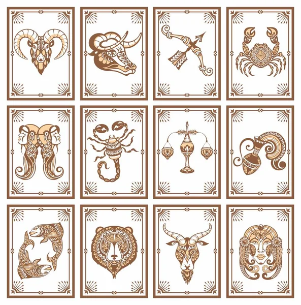 Conjunto Vetorial Decorativo Símbolos Astrológicos Signos Zodíaco Símbolos Místicos Decoração —  Vetores de Stock