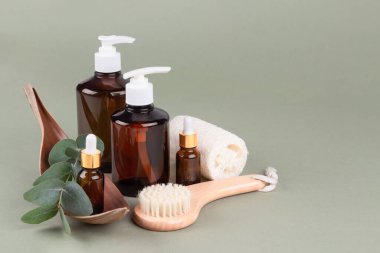 Doğal banyo malzemeleri seti - doğal organik kozmetik ürünleri olan cam damlaları, doğal yüz veya vücut kuru fırçası, okaliptüs yağı, krem, losyon, yeşil arka planda gerekli yağlar. Model