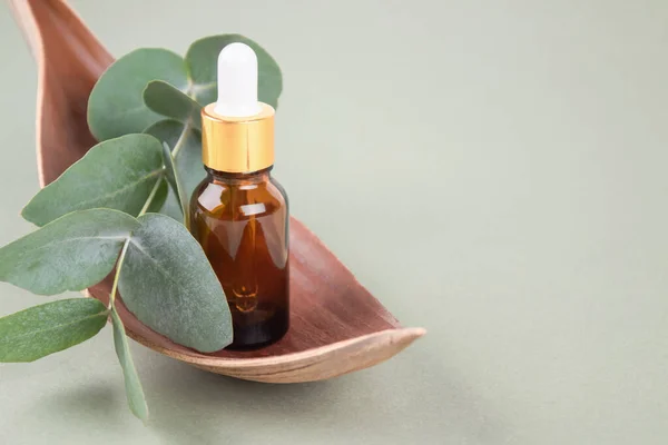 Amber glass dropper bottle with eucalyptus oil. Modern organic cosmetics concept, facial skincare. Trendy still life composition with eucalyptus leaves on green background with copy space. Mockup — Stock Photo, Image