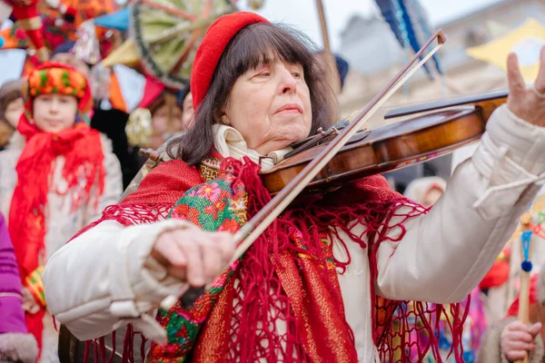 Lviv Ukraine January 2022 Folk Musician Woman Violonist Flash Christmas — Stock Fotó