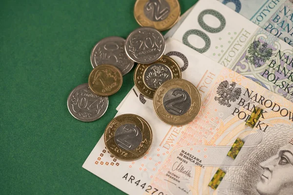 Closeup View Polish Money Banknotes Coins Zloty Groszy Green Financial — Stock Photo, Image