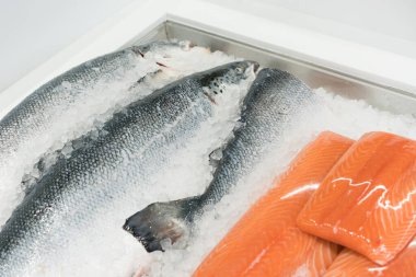 Fresh chilled oceanic salmon fish and salmon fillet at seafood supermarket stall clipart