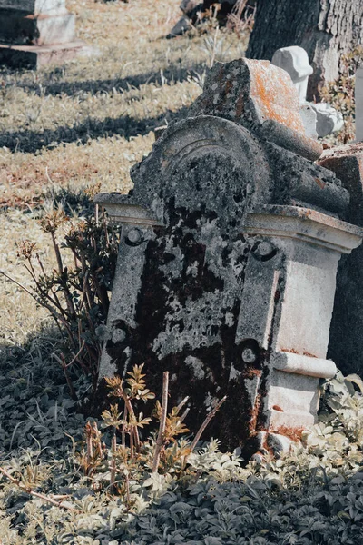 Imagem Vertical Antigo Túmulo Antigo Cemitério Abandonado Uma Lápide Danificada — Fotografia de Stock