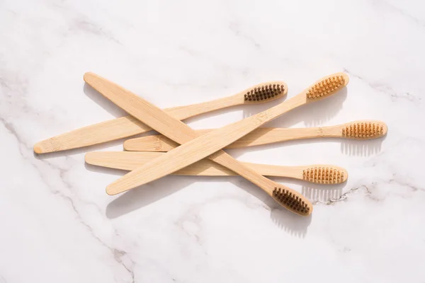 Set Bamboo Toothbrushes Natural Bristle White Marble Table Background Mockup — Stock Photo, Image