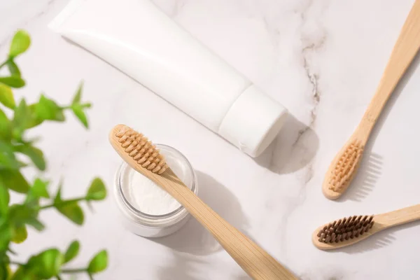 Top View Natural Bamboo Toothbrushes Mineral Toothpowder Toothpaste Tube White — Stock Photo, Image