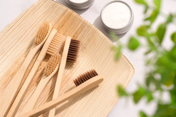 Top View Natural Wooden Bamboo Toothbrushes Mineral Toothpowder White Table — Stock Photo, Image