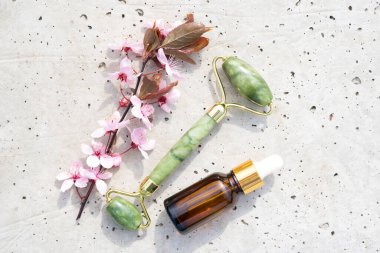 Taş beton zemin üzerine yüz masajı seti. Yüzünde güzellik serumu ya da kozmetik ve çiçek açan sakura dalı olan bir jade gua sha silindiri. Doğal taş yüz masajcısı, model. 